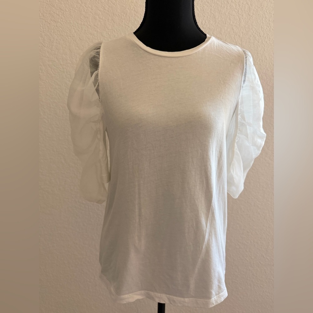ZARA White Blouse with Tulle Puff Sleeves | Romantic Feminine Top